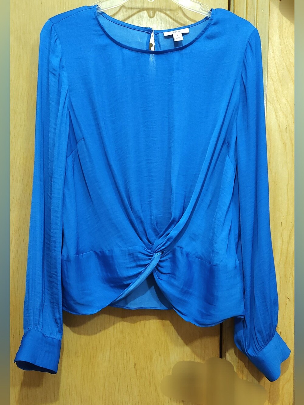 Bar III Blouse Womens L Blue Polyester Long Sleeve Twist Front Pullover Top